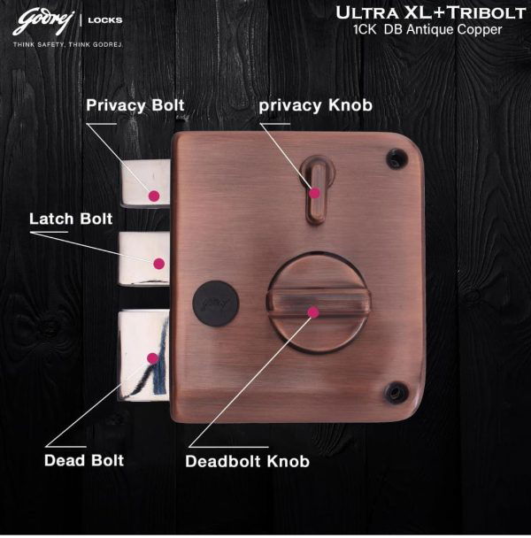 Godrej maindoor lock 6030 ultra XL+ tribolt 1ck deadbolt Antique copper finish for Inside/Outside Opening Door & Left/Right Handed Doors I 4 Keys 5 years warrenty free installation