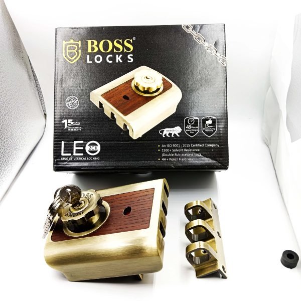 Boss maindoor lock Leo 1013 antique brass for double door Lockable knob (2ck) Three Vertical Deadbolt Lock 15 years warrenty with inbuilt handle