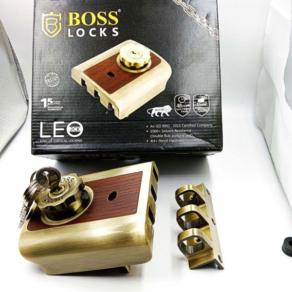 Boss maindoor lock Leo 1013 antique brass for double door Lockable knob (2ck) Three Vertical Deadbolt Lock 15 years warrenty with inbuilt handle