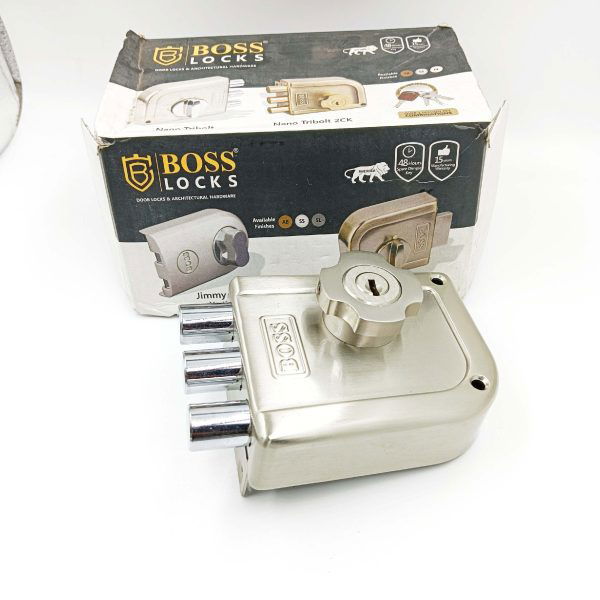 Boss maindoor lock steel finish 9960 nano three dead bolt 2ck both side key (lockable knob) 15 years warrenty