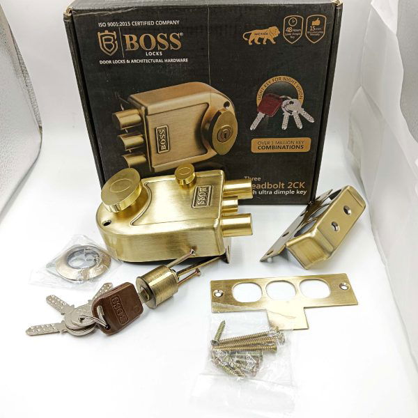 Boss maindoor lock tribolt with auto latch safty lock 9974 antique finish knob on inside 15 years warrenty